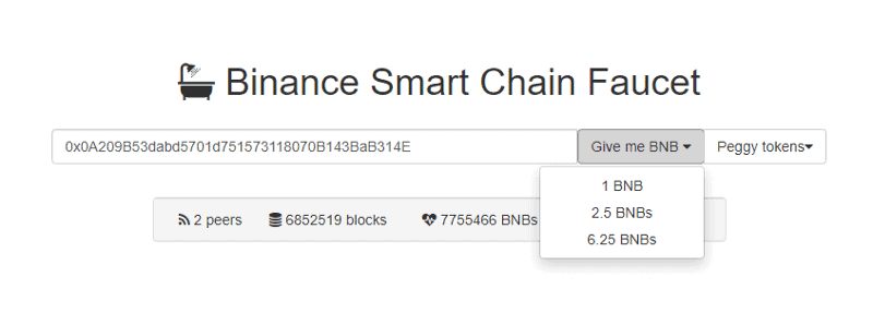 برخی از بودجه های آزمایش را دریافت کنید.انتقال BNB از Binance Smart Chain