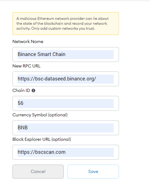 تنظیم شبکه بایننس اسمارت چین روی کیف پول متامسک MetaMask