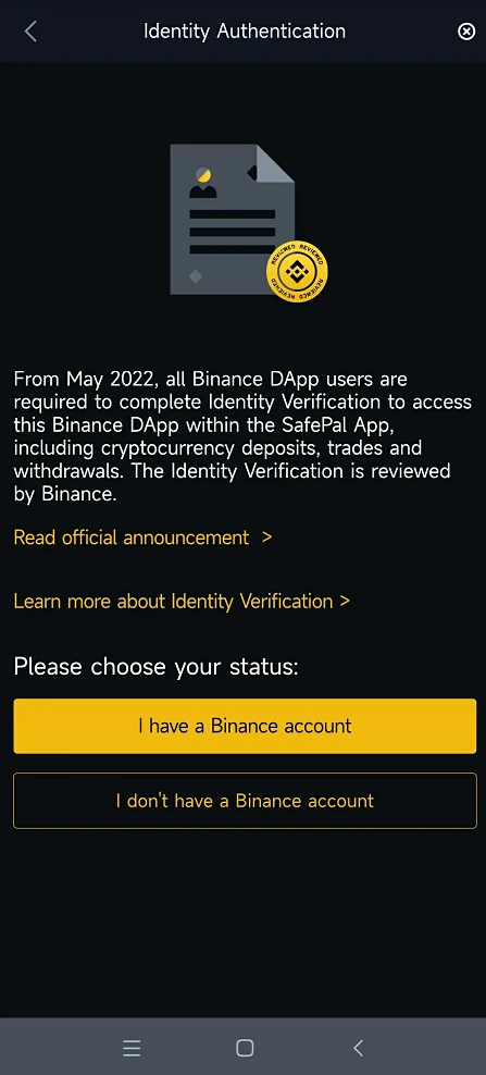 تکمیل احراز هویت در Binance Trading DApp